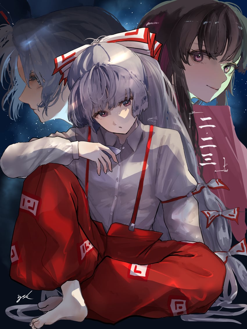 fujiwara no mokou, houraisan kaguya, and yagokoro eirin (touhou) drawn by eneshi