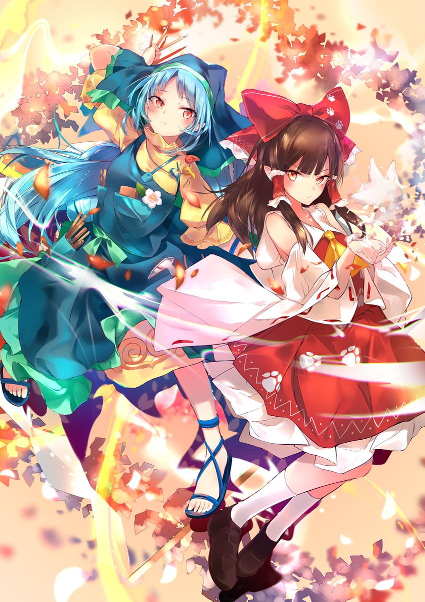 hakurei reimu and haniyasushin keiki (touhou and 1 more) drawn by sakusyo