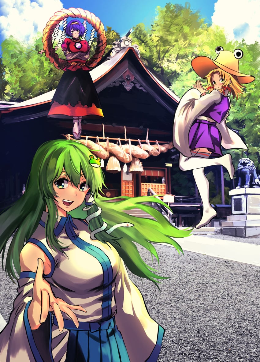 kochiya sanae, moriya suwako, and yasaka kanako (touhou) drawn by sen_(daydream_53)