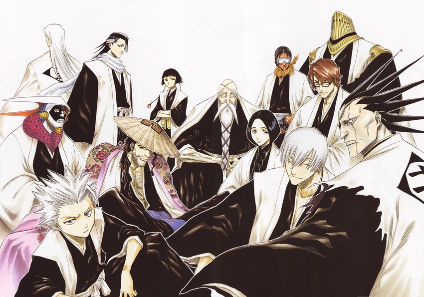 sui-feng, unohana retsu, hitsugaya toushirou, aizen sousuke, kuchiki byakuya, and 8 more (bleach) drawn by kubo_tite