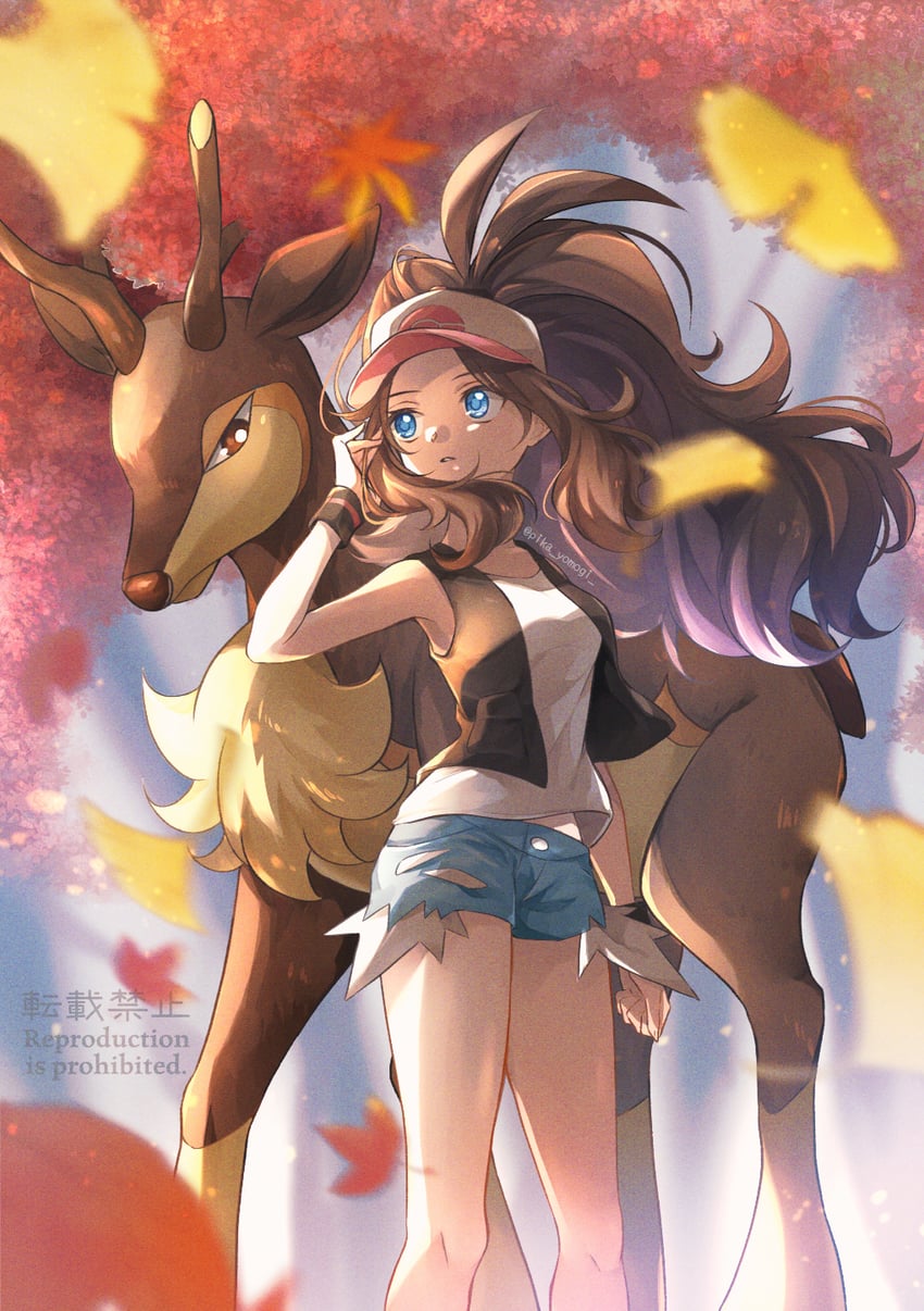hilda and sawsbuck (pokemon and 1 more) drawn by yomogi_(black-elf)