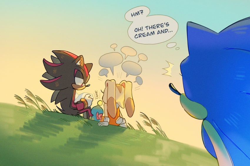 sonic the hedgehog, shadow the hedgehog, cream the rabbit, neutral chao, and cheese (sonic) drawn by ochibrochi