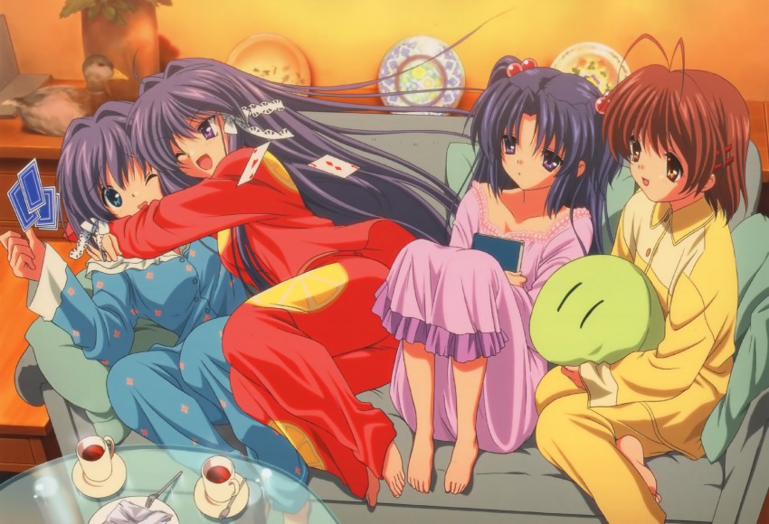 furukawa nagisa, fujibayashi kyou, ichinose kotomi, and fujibayashi ryou (clannad and 1 more)