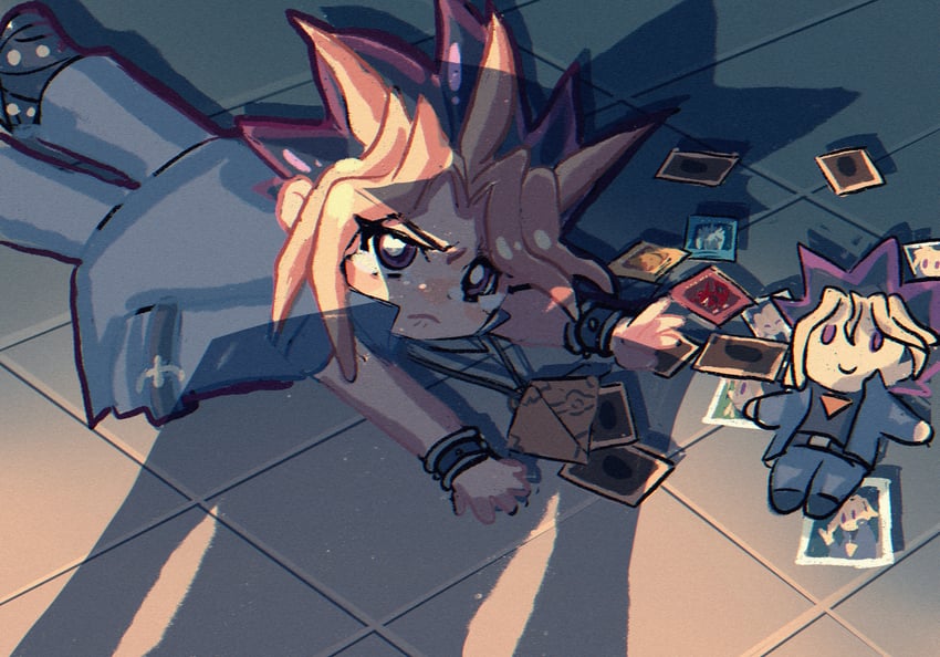 muto yugi, yami yugi, osiris the sky dragon, the winged dragon of ra, and obelisk the tormentor (yu-gi-oh! and 1 more) drawn by spot_dian