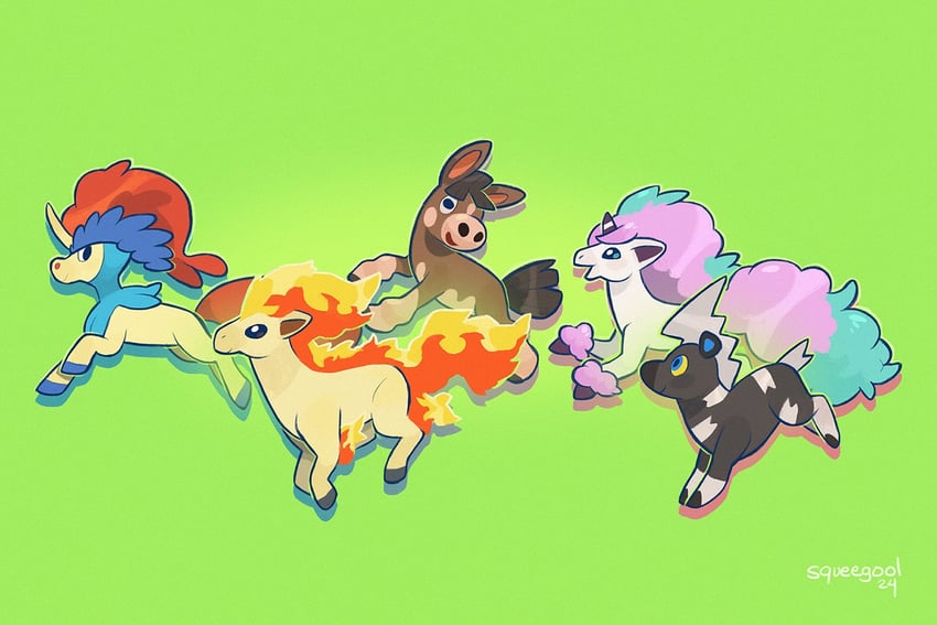 galarian ponyta, ponyta, keldeo, blitzle, and mudbray (pokemon) drawn by squeegool