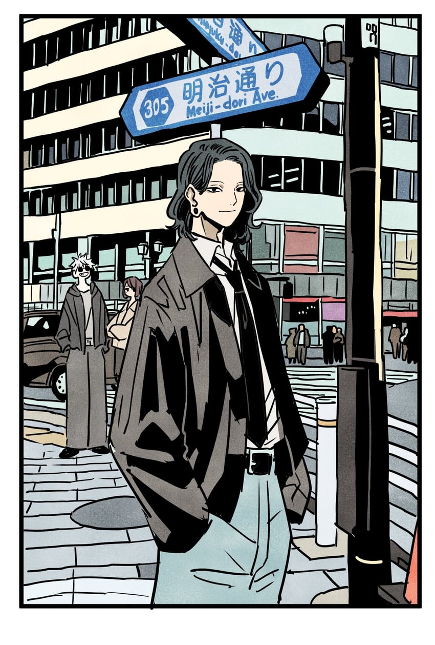 gojou satoru, getou suguru, and ieiri shoko (jujutsu kaisen) drawn by takeuchi_ryousuke