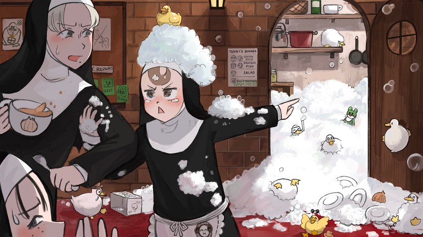 froggy nun, smug nun, and freckles nun (little nuns) drawn by diva_(hyxpk)