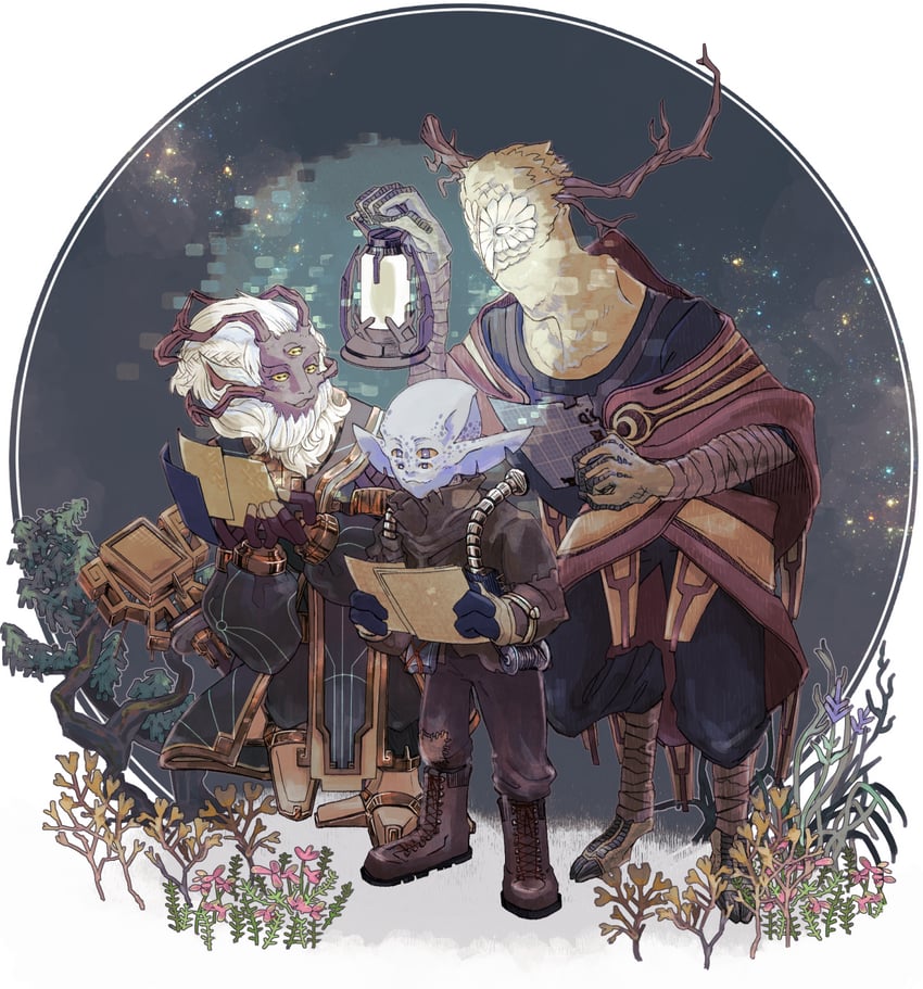 hatchling, solanum, and the prisoner (outer wilds and 1 more) drawn by sasa_fistulosum
