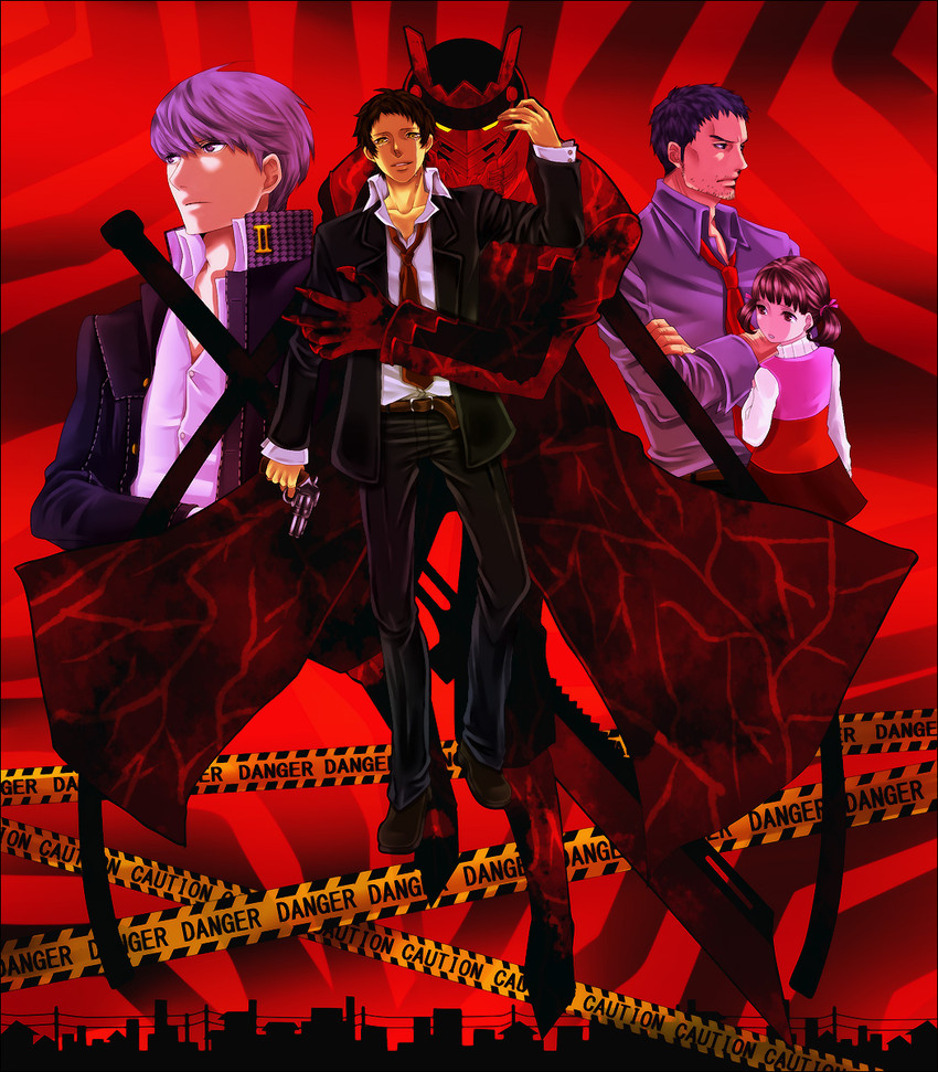 narukami yu, doujima nanako, adachi tooru, doujima ryoutarou, and magatsu izanagi (persona and 1 more) drawn by chiru_(sanifani)