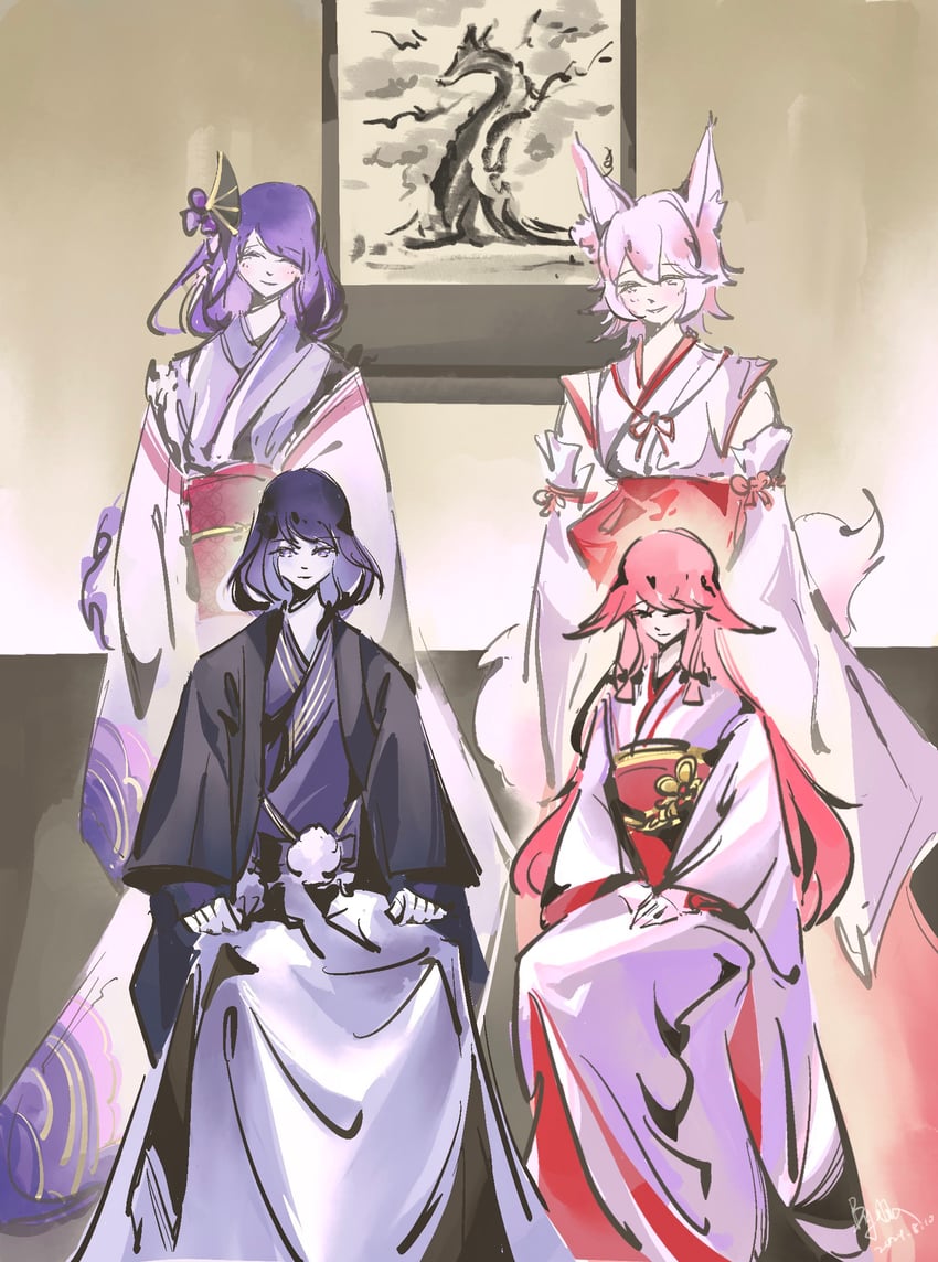raiden shogun, yae miko, makoto, and kitsune saiguu (genshin impact) drawn by yuru4086