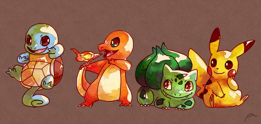 pikachu, bulbasaur, squirtle, and charmander (pokemon) drawn by bluekomadori