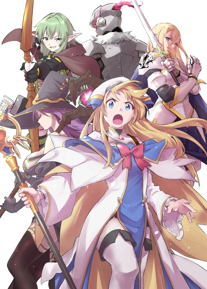 priestess, high elf archer, goblin slayer, witch, and female knight (goblin slayer!) drawn by matsuse_daichi