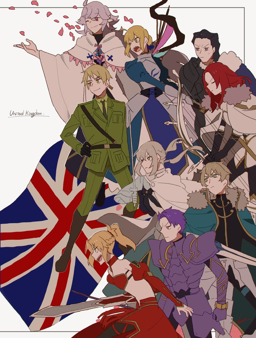 artoria pendragon, saber, mordred, united kingdom, merlin, and 5 more (fate and 2 more) drawn by kome_043