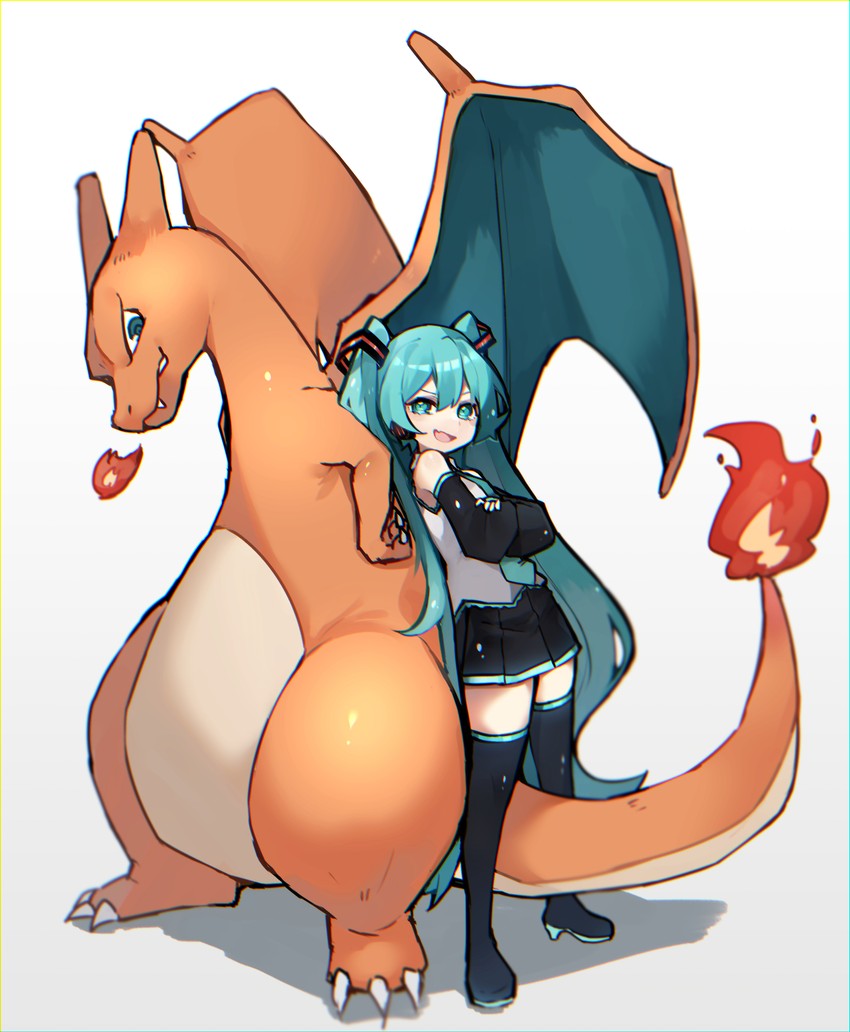 hatsune miku and charizard (pokemon and 1 more) drawn by reirou_(chokoonnpu)