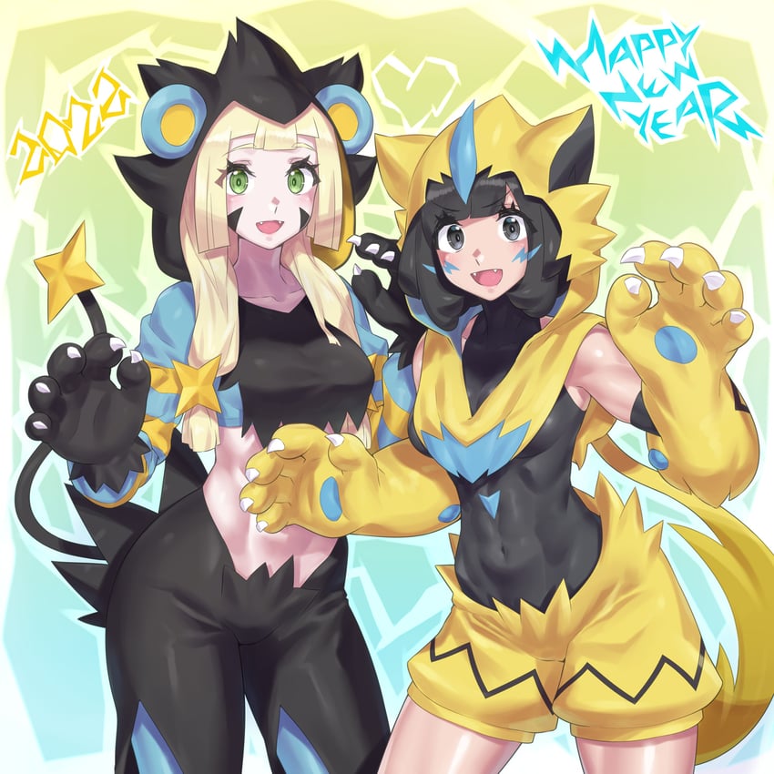 lillie, selene, luxray, and zeraora (pokemon and 1 more) drawn by mizuumi_(bb)