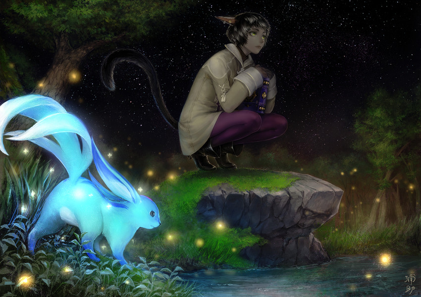 warrior of light and carbuncle (final fantasy and 1 more) drawn by uraki_(tetsu420)
