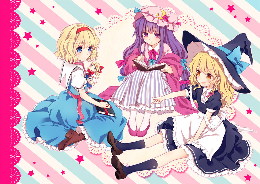 kirisame marisa, alice margatroid, patchouli knowledge, and shanghai doll (touhou) drawn by torii_sumi