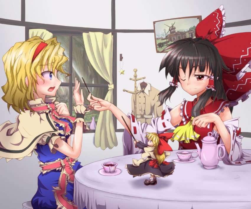 hakurei reimu, alice margatroid, and shanghai doll (touhou) drawn by moai_amon