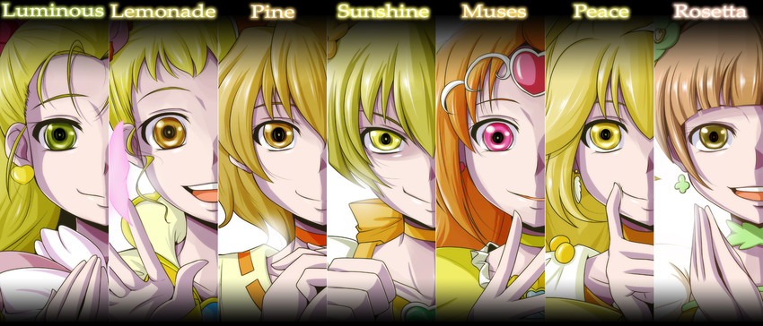 kise yayoi, cure peace, myoudouin itsuki, cure sunshine, yotsuba alice, and 9 more (precure and 9 more) drawn by nishi_koutarou