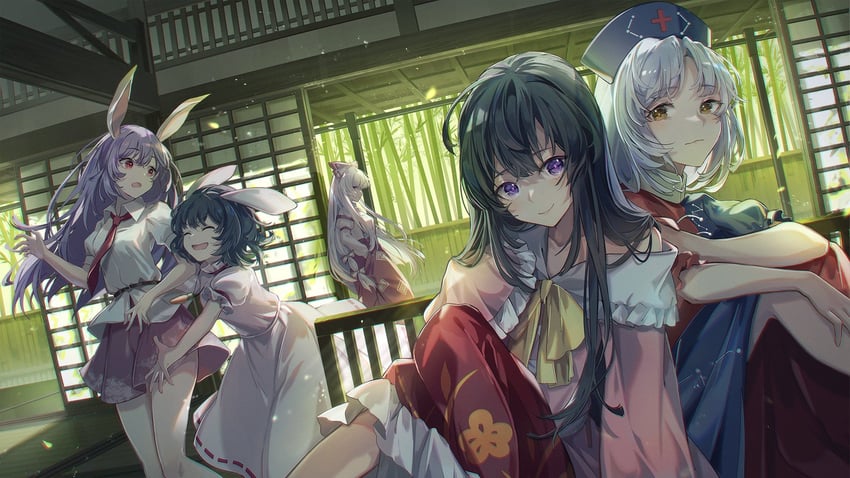 reisen udongein inaba, fujiwara no mokou, houraisan kaguya, inaba tewi, and yagokoro eirin (touhou) drawn by kyusoukyu