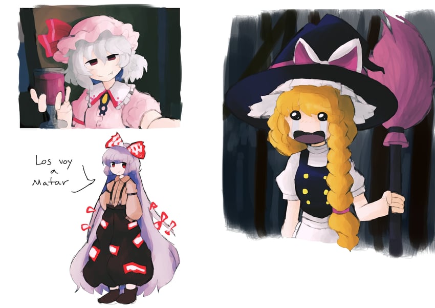 kirisame marisa, remilia scarlet, fujiwara no mokou, and yandere dev (touhou and 1 more) drawn by iesonatana