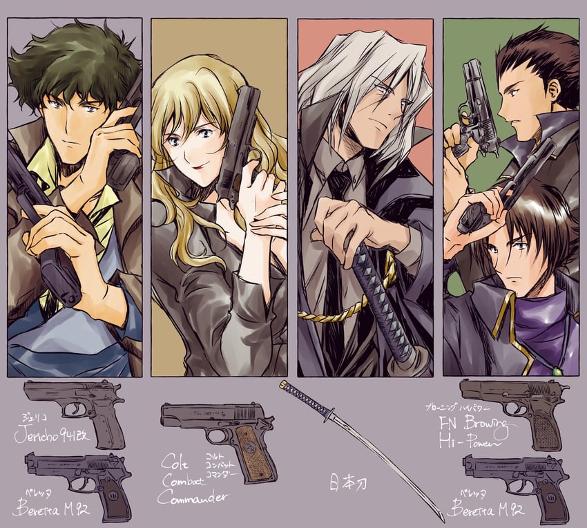spike spiegel, julia, vicious, shin, and lin (cowboy bebop) drawn by tobalin