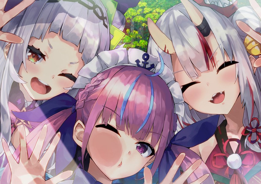 minato aqua, murasaki shion, and nakiri ayame (hololive) drawn by konkito