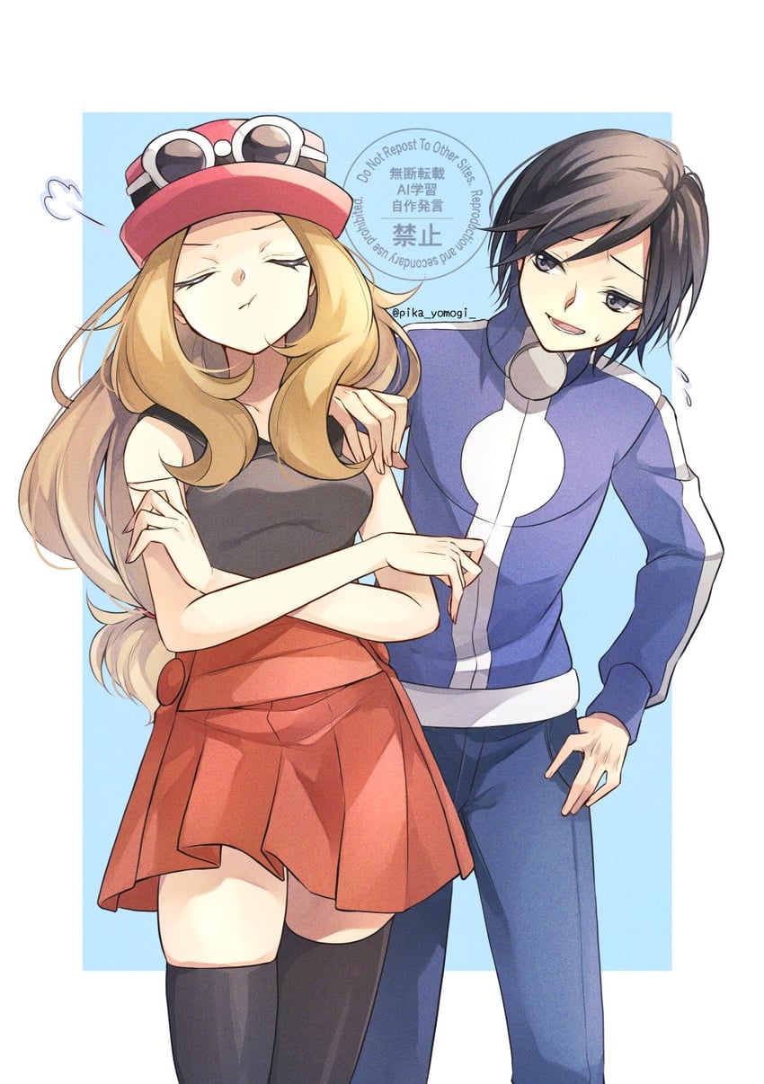serena and calem (pokemon and 1 more) drawn by yomogi_(black-elf)