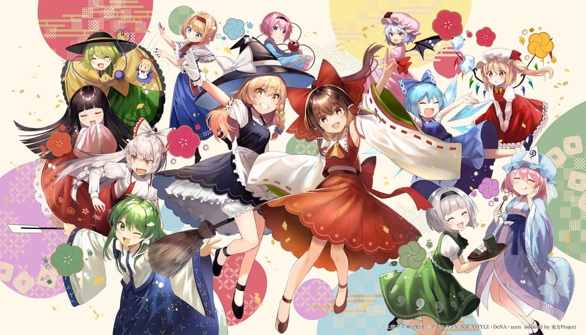 hakurei reimu, kirisame marisa, remilia scarlet, flandre scarlet, komeiji koishi, and 9 more (touhou and 1 more) drawn by yuki_(popopo)