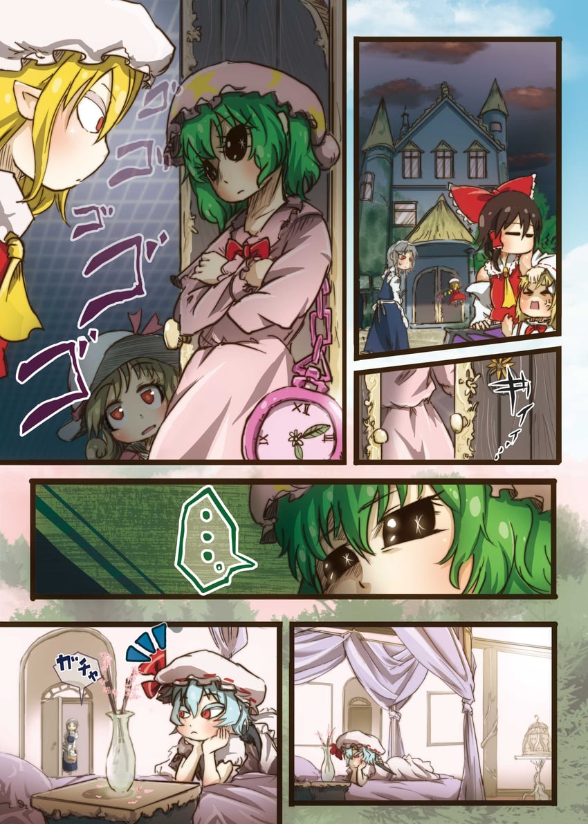 hakurei reimu, remilia scarlet, flandre scarlet, izayoi sakuya, kazami yuuka, and 2 more (touhou and 1 more) drawn by chamaji