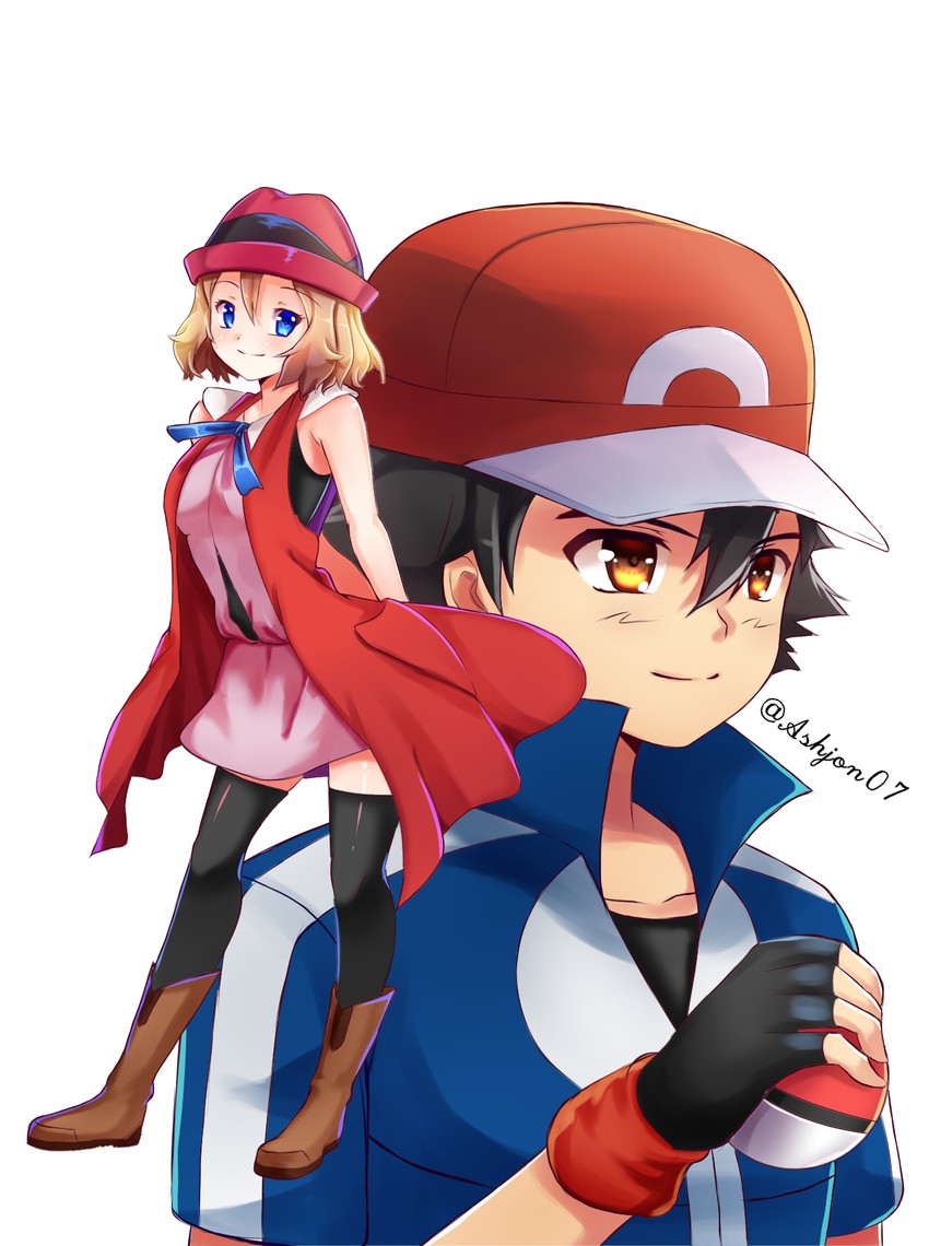 ash ketchum and serena (pokemon and 1 more) drawn by ashujou