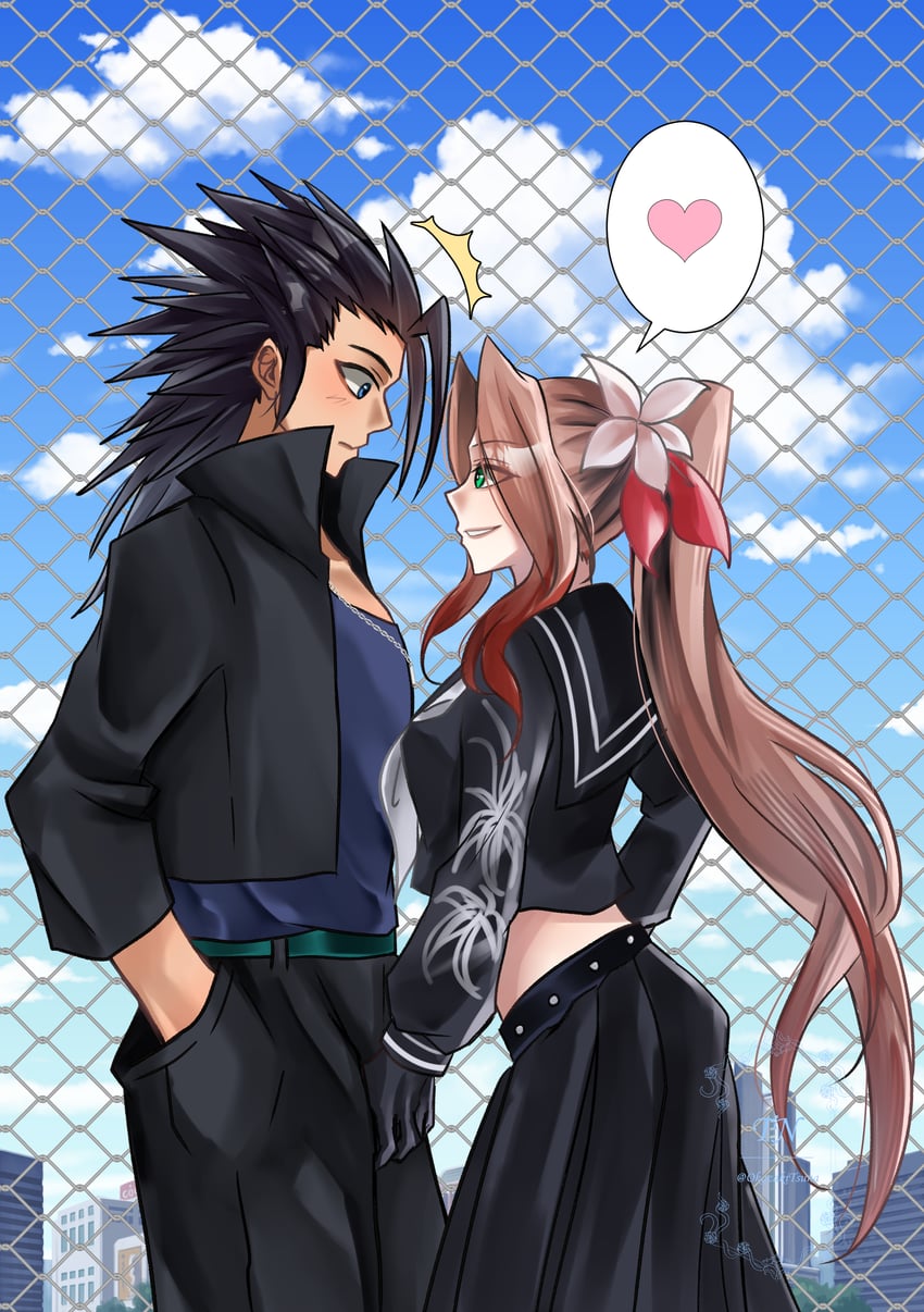 aerith gainsborough and zack fair (final fantasy and 2 more) drawn by okazakitsuna