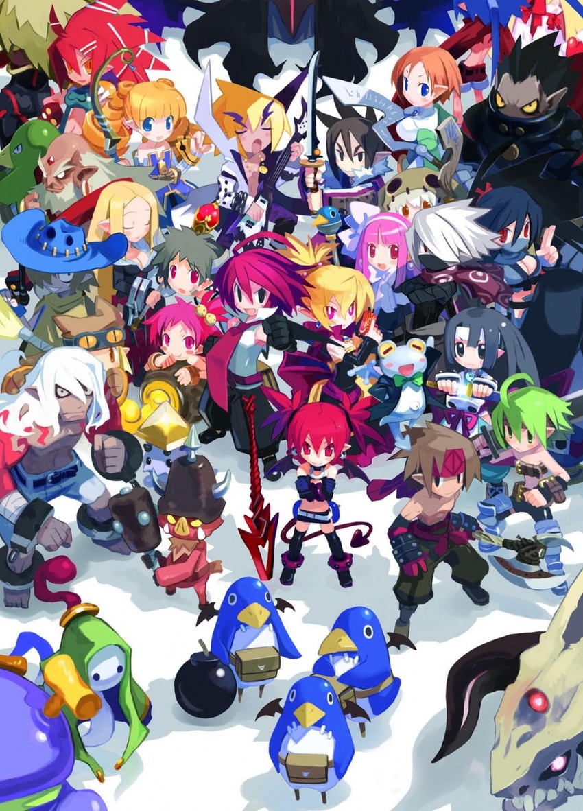 etna, prinny, flonne, laharl, rozalin, and 28 more (disgaea and 1 more) drawn by harada_takehito