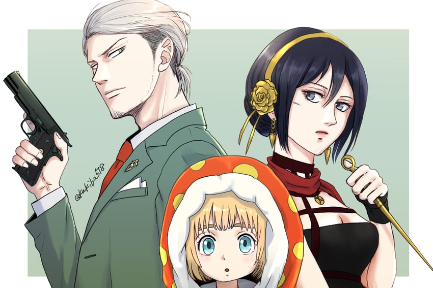 yor briar, anya, mikasa ackerman, twilight, armin arlert, and 1 more (spy x family and 1 more) drawn by kakiba518