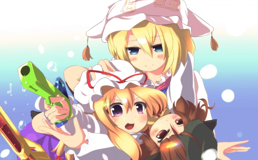 yakumo yukari, yakumo ran, and chen (touhou) drawn by hakomugi