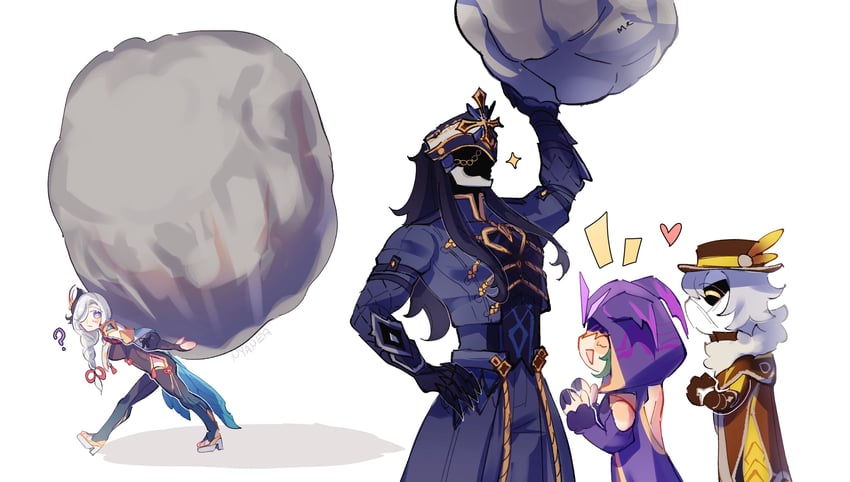 shenhe, capitano, cicin mage, electro cicin mage, and geochanter bracer (genshin impact) drawn by nyanea