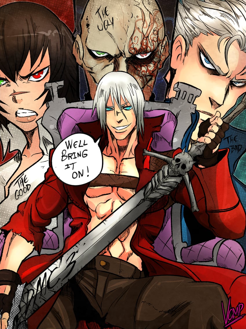 dante, vergil, lady, and arkham (devil may cry and 1 more) drawn by domesticvamp