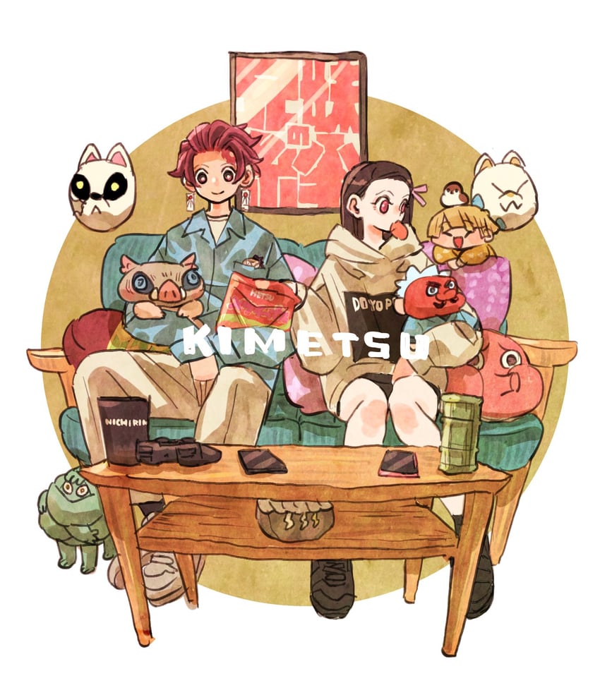 kamado nezuko, kamado tanjirou, agatsuma zenitsu, hashibira inosuke, shinazugawa genya, and 4 more (kimetsu no yaiba) drawn by takeuchi_ryousuke