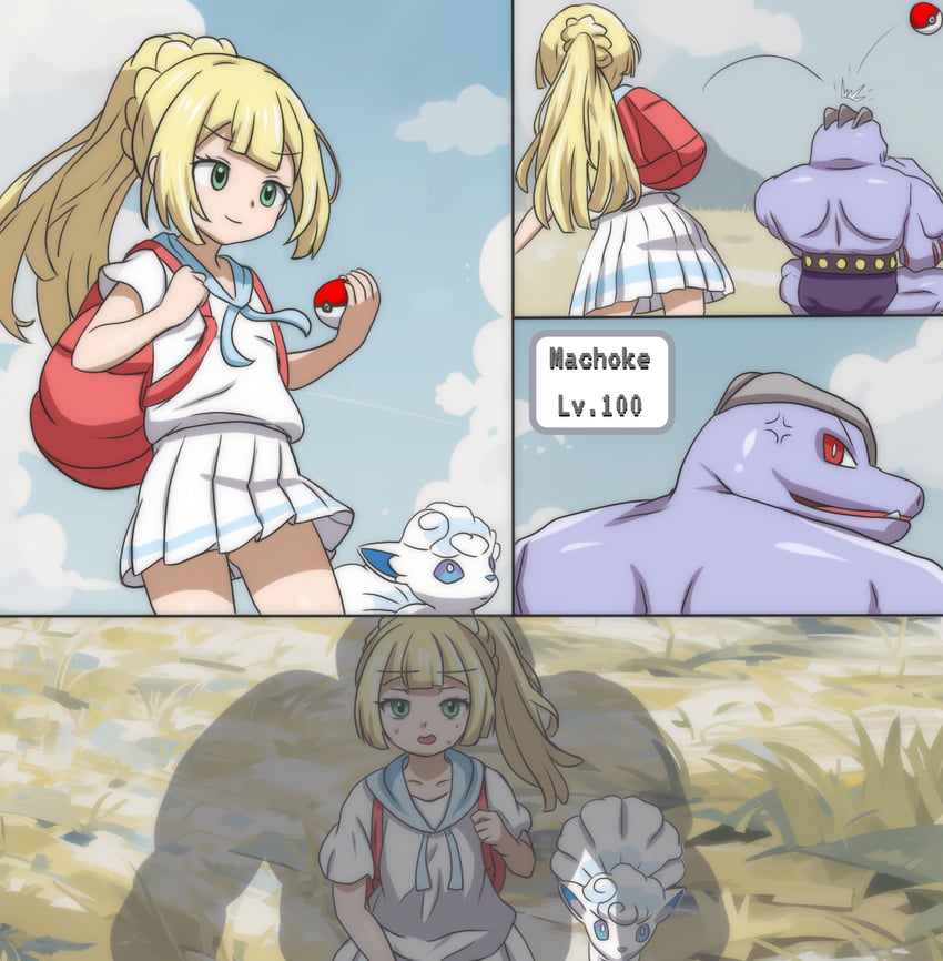 lillie, alolan vulpix, and machoke (pokemon and 1 more) drawn by hippo_power