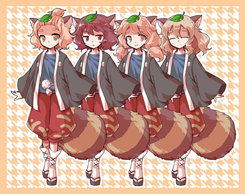 tanuki mob, topknot tanuki, slit-eyed tanuki, pigtailed tanuki, and freckled tanuki (touhou) drawn by dairi