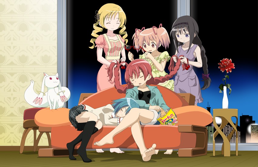 akemi homura, kaname madoka, miki sayaka, sakura kyoko, tomoe mami, and 1 more (mahou shoujo madoka magica) drawn by knives_(knives777)
