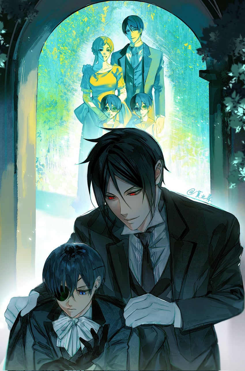 ciel phantomhive, sebastian michaelis, ciel phantomhive's brother, vincent phantomhive, and rachel phantomhive (kuroshitsuji) drawn by lurline38996