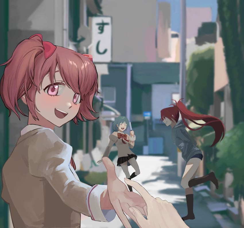 kaname madoka, miki sayaka, and sakura kyoko (mahou shoujo madoka magica) drawn by aljalthack