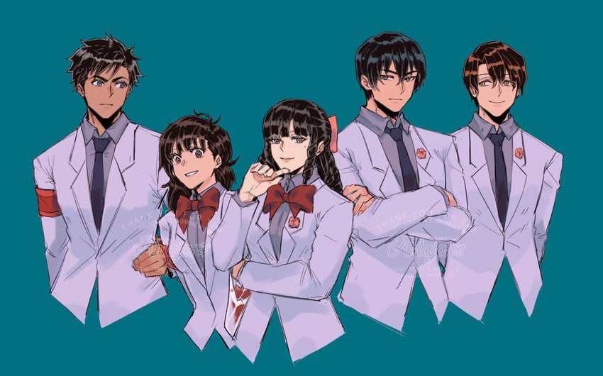 kisshouin reika, enjou shuusuke, kaburagi masaya, takamichi wakaba, and mizusaki arima (kenkyo kenjitsu wo motto ni ikite orimasu) drawn by cloudchair