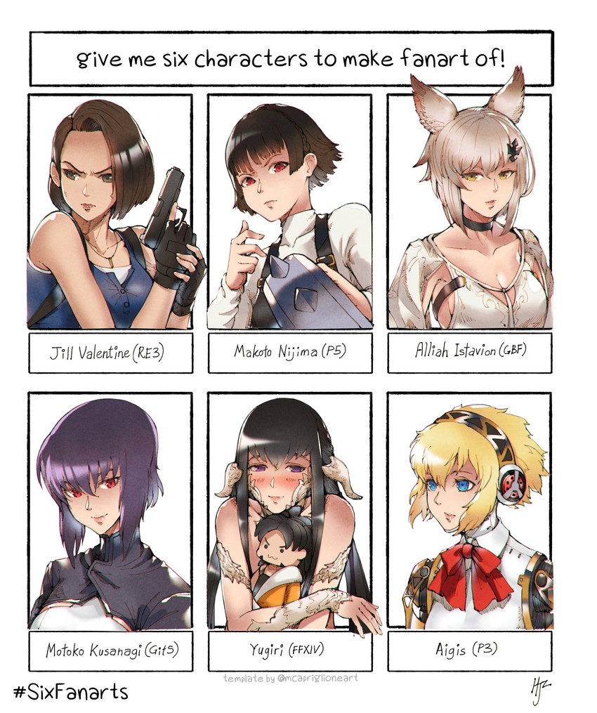aigis, niijima makoto, kusanagi motoko, jill valentine, hien rijin, and 2 more (final fantasy and 9 more) drawn by hjz_(artemi)