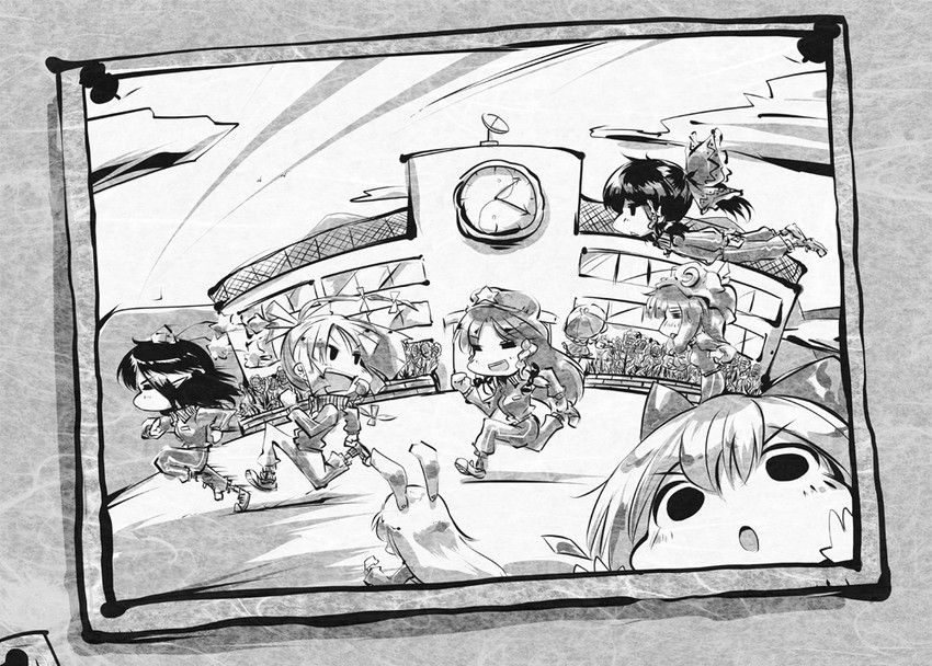 hakurei reimu, cirno, patchouli knowledge, shameimaru aya, reisen udongein inaba, and 3 more (touhou) drawn by nyoron_(fudegatana)