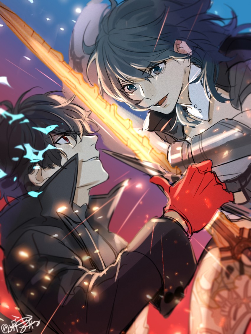 female byleth, amamiya ren, and joker (fire emblem and 4 more) drawn by tang_xinzi