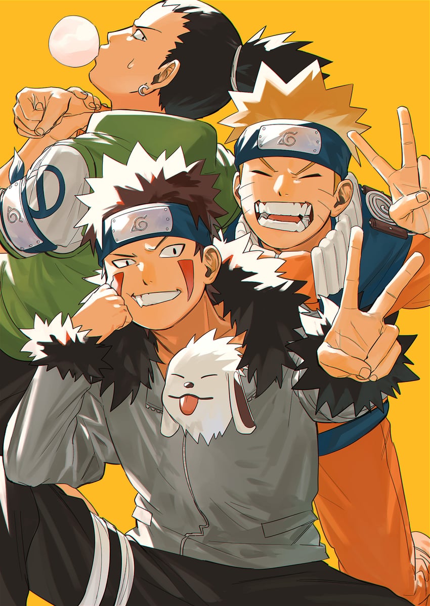 uzumaki naruto, nara shikamaru, inuzuka kiba, and akamaru (naruto) drawn by mirin_(coene65)