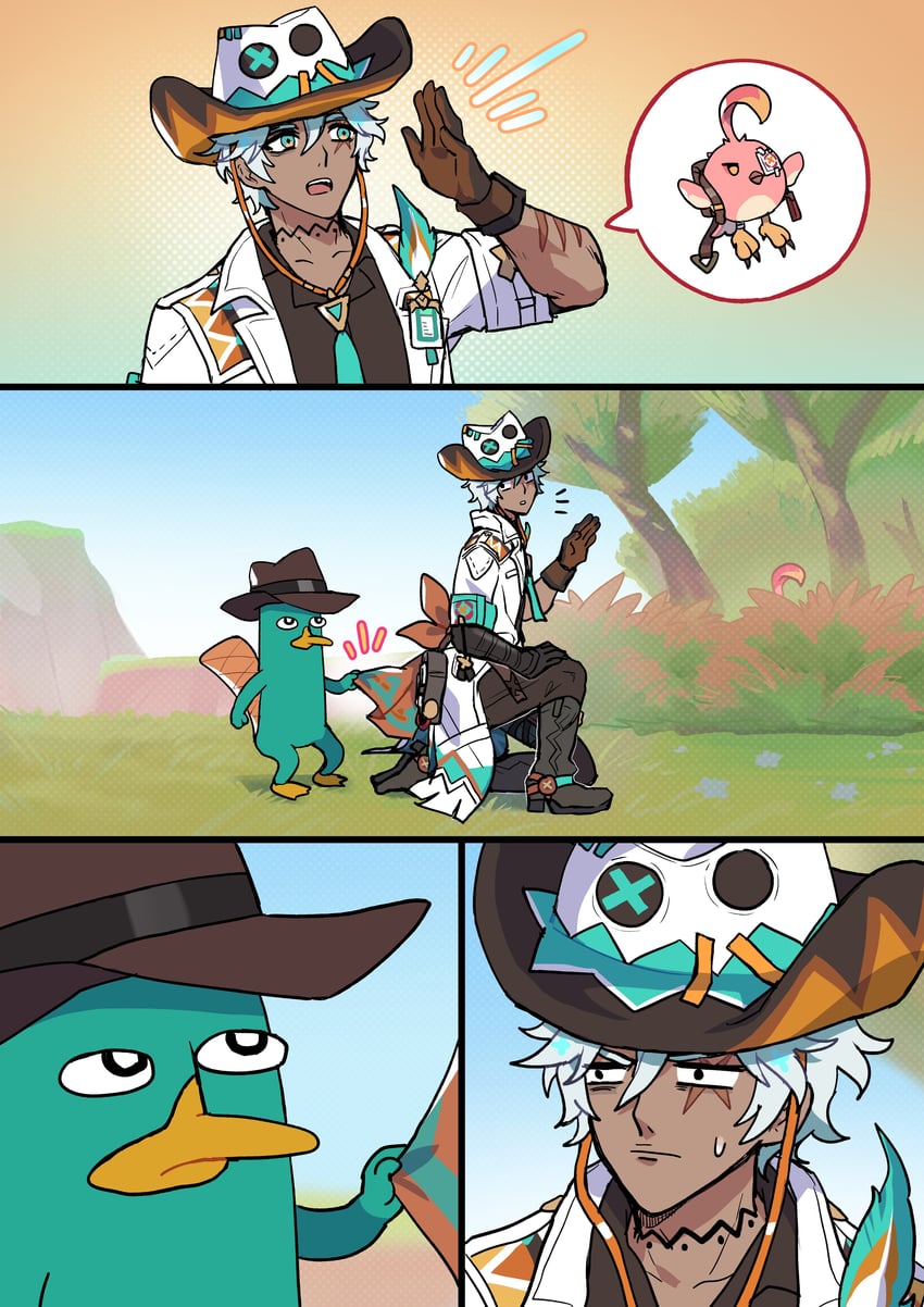 ifa, cacucu, and perry the platypus (genshin impact and 1 more) drawn by sakana_(fishchunk)