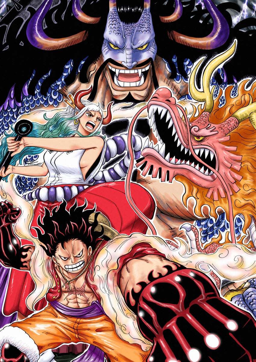 monkey d. luffy, yamato, kouzuki momonosuke, and kaidou (one piece) drawn by riku_(rikuw223xx)
